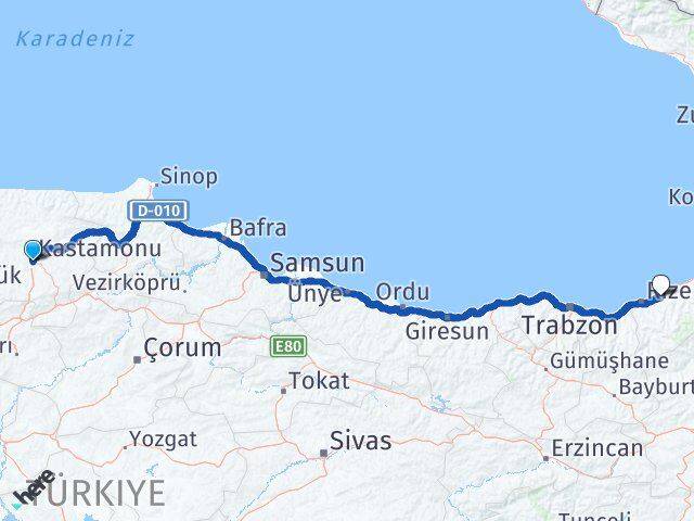 Kastamonu Çayeli Rize Arası Kaç Km - Yol Haritası
