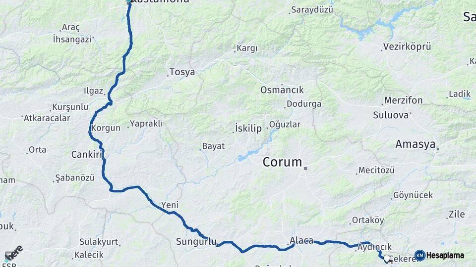 Kastamonu Çekerek Yozgat Arası Kaç Km - Yol Haritası