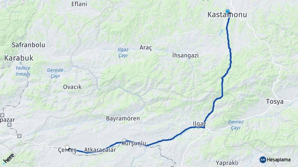 Kastamonu Çerkeş Çankırı Arası Kaç Km - Yol Haritası