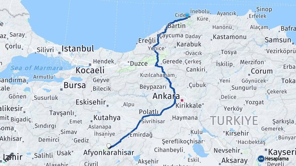 Kastamonu Cide Afyonkarahisar Arası Kaç Km - Yol Haritası