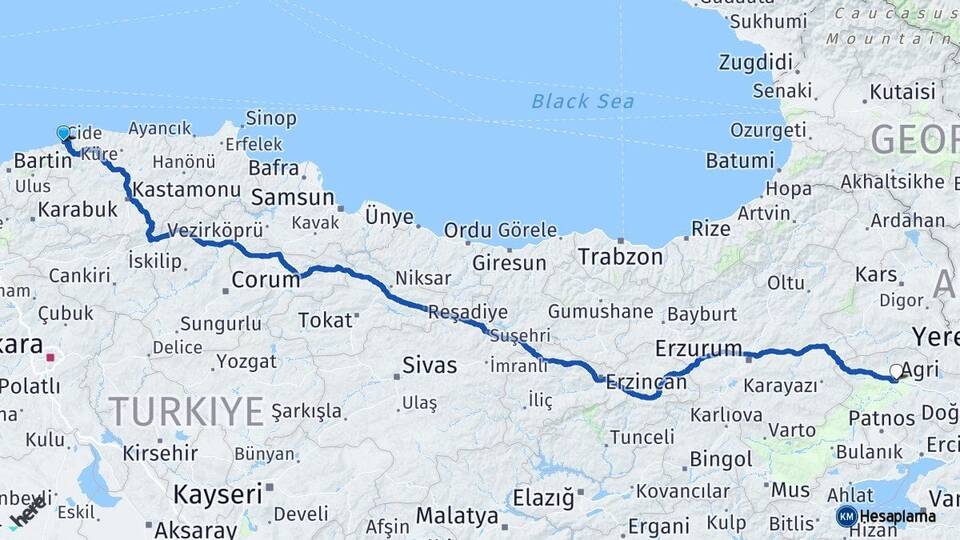 Kastamonu Cide Ağrı Arası Kaç Km - Yol Haritası