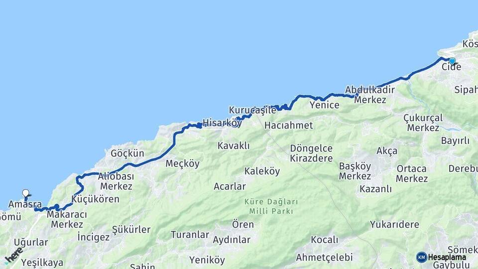 Kastamonu Cide Amasra Bartın Arası Kaç Km - Yol Haritası
