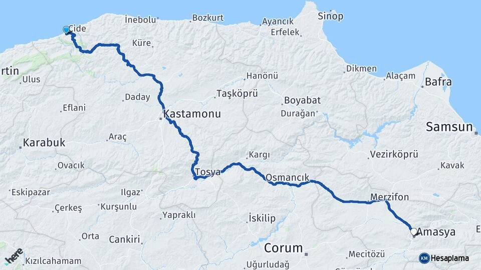 Kastamonu Cide Amasya Arası Kaç Km - Yol Haritası