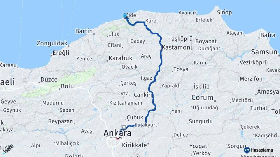 Kastamonu Cide Ankara Arası Kaç Km - Yol Haritası
