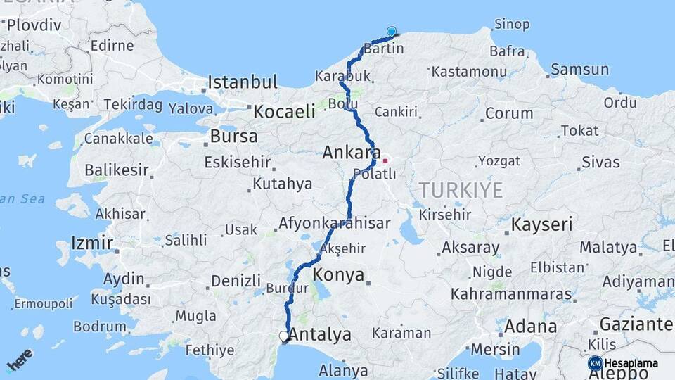 Kastamonu Cide Antalya Arası Kaç Km - Yol Haritası