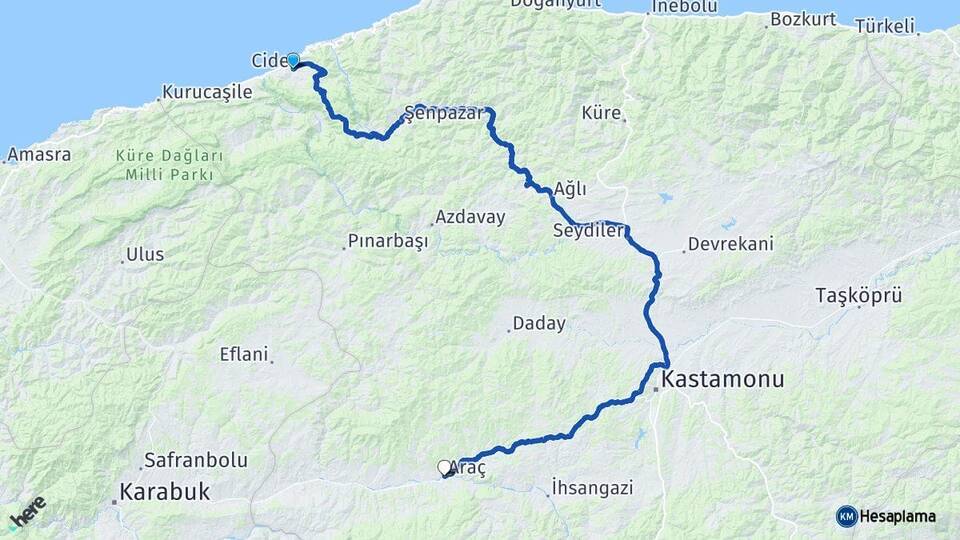 Kastamonu Cide Araç Arası Kaç Km - Yol Haritası
