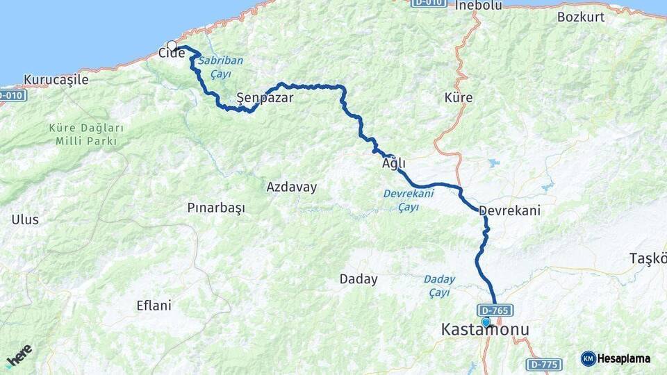 Kastamonu Cide Arası Kaç Km - Yol Haritası