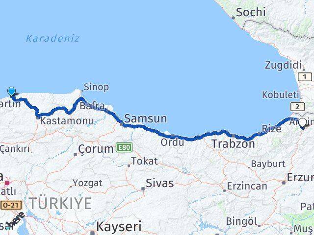 Kastamonu Cide Artvin Arası Kaç Km - Yol Haritası