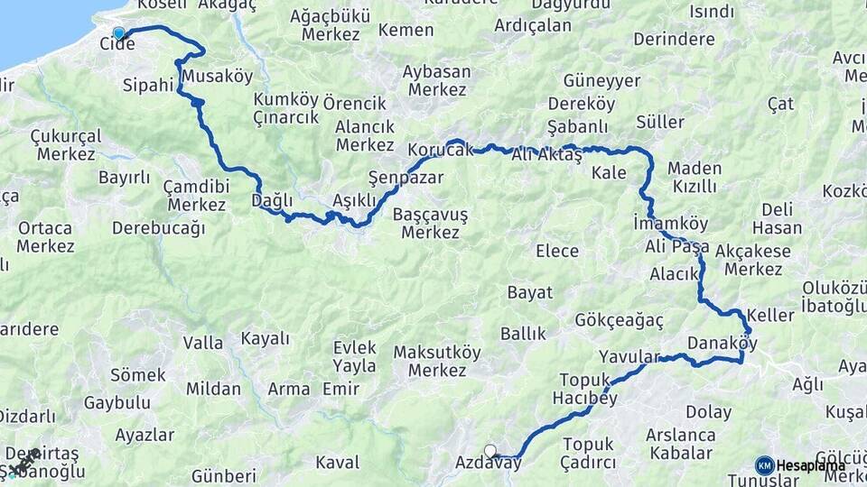 Kastamonu Cide Azdavay Arası Kaç Km - Yol Haritası