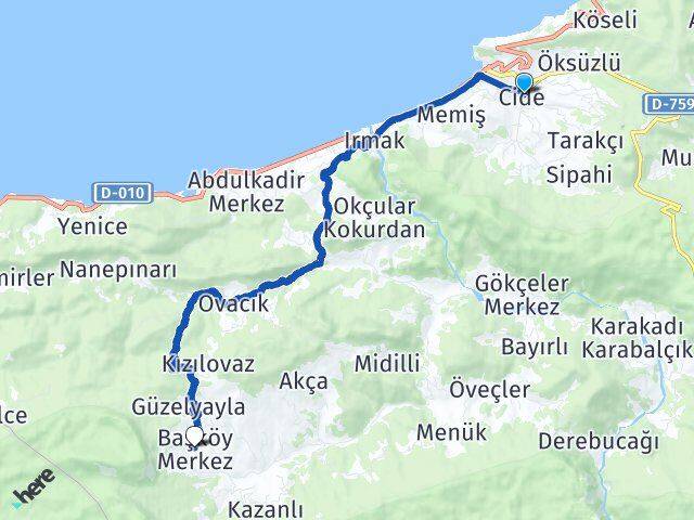 Kastamonu Cide Başköy Cide Arası Kaç Km - Yol Haritası