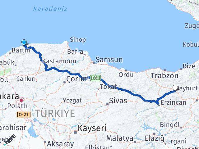 Kastamonu Cide Bayburt Arası Kaç Km - Yol Haritası