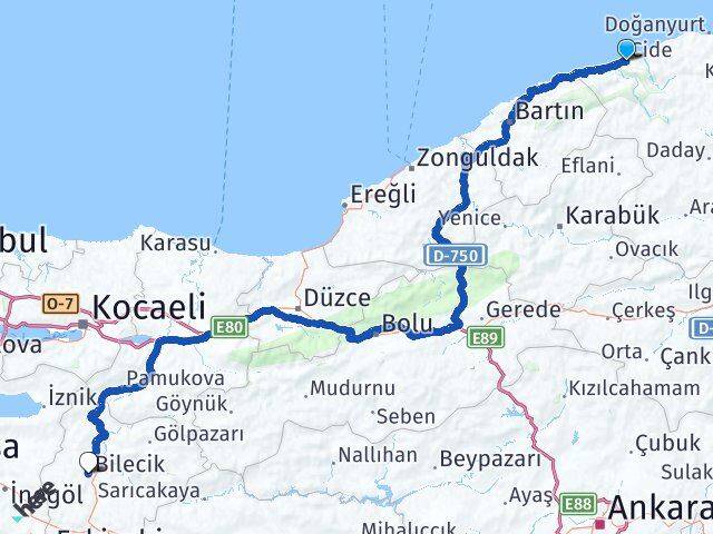 Kastamonu Cide Bilecik Arası Kaç Km - Yol Haritası