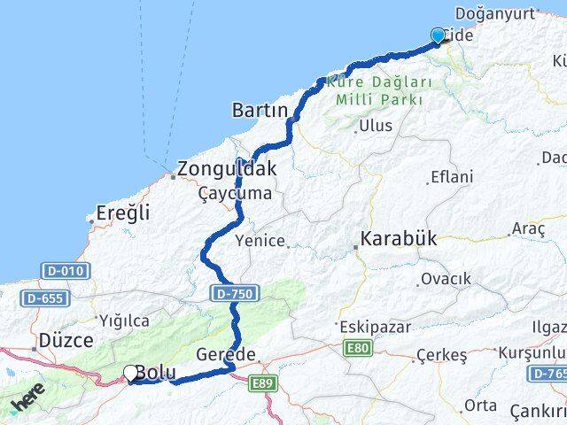Kastamonu Cide Bolu Arası Kaç Km - Yol Haritası