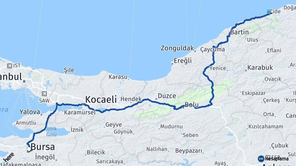 Kastamonu Cide Bursa Arası Kaç Km - Yol Haritası