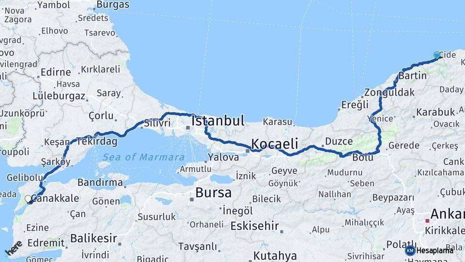 Kastamonu Cide Çanakkale Arası Kaç Km - Yol Haritası