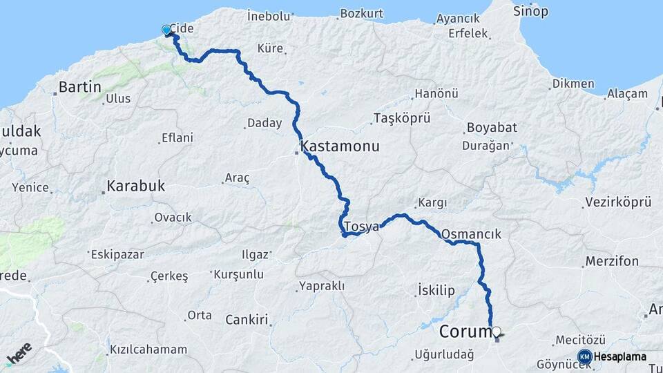 Kastamonu Cide Çorum Arası Kaç Km - Yol Haritası