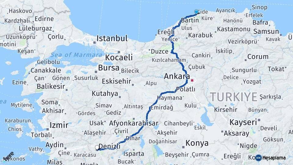 Kastamonu Cide Denizli Arası Kaç Km - Yol Haritası