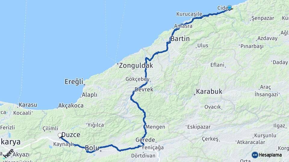 Kastamonu Cide Düzce Arası Kaç Km - Yol Haritası