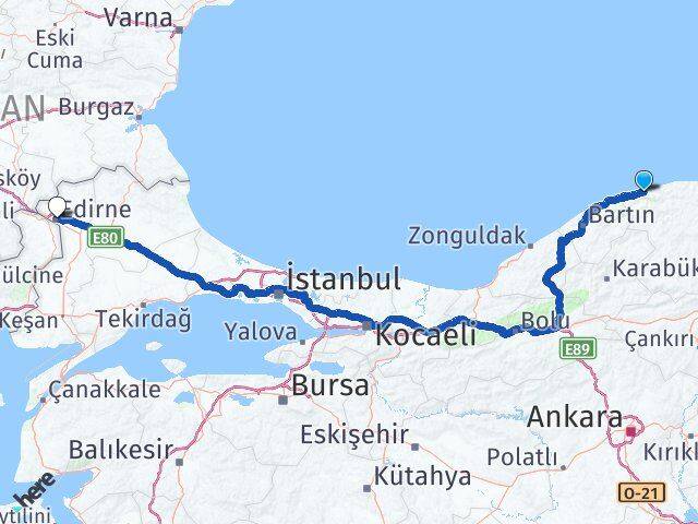 Kastamonu Cide Edirne Arası Kaç Km - Yol Haritası