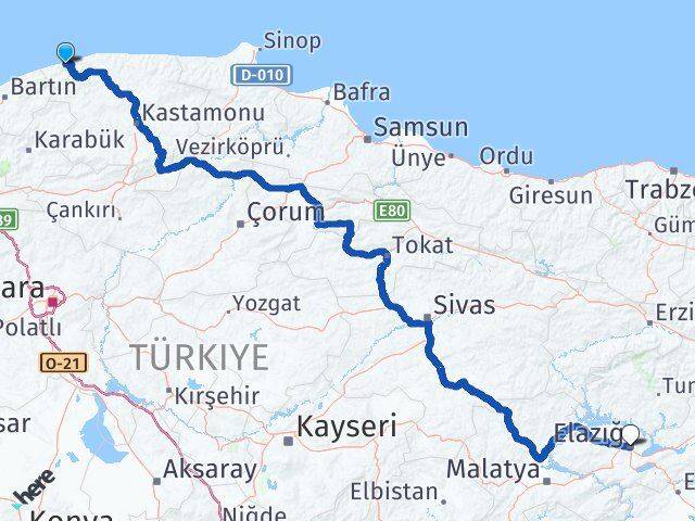 Kastamonu Cide Elazığ Arası Kaç Km - Yol Haritası