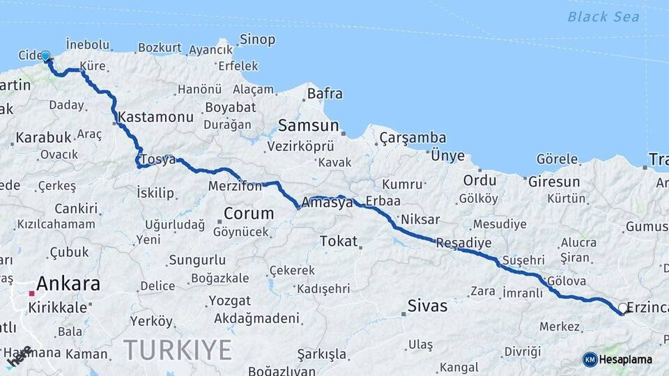 Kastamonu Cide Erzincan Arası Kaç Km - Yol Haritası