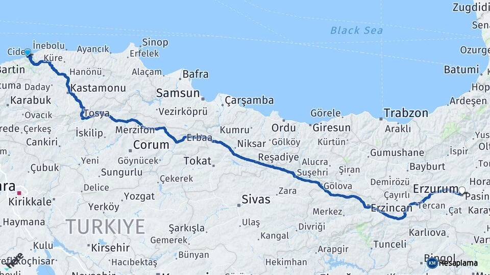 Kastamonu Cide Erzurum Arası Kaç Km - Yol Haritası