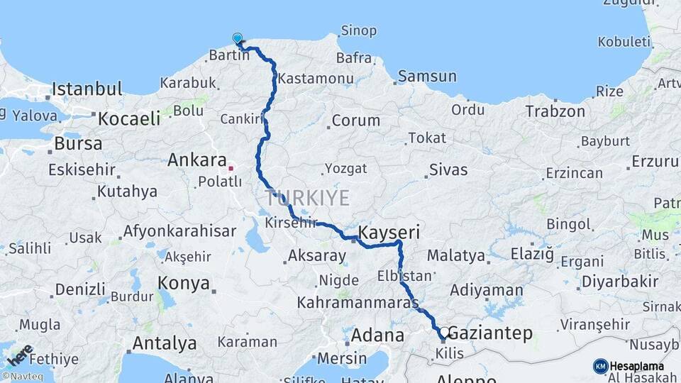 Kastamonu Cide Gaziantep Arası Kaç Km - Yol Haritası