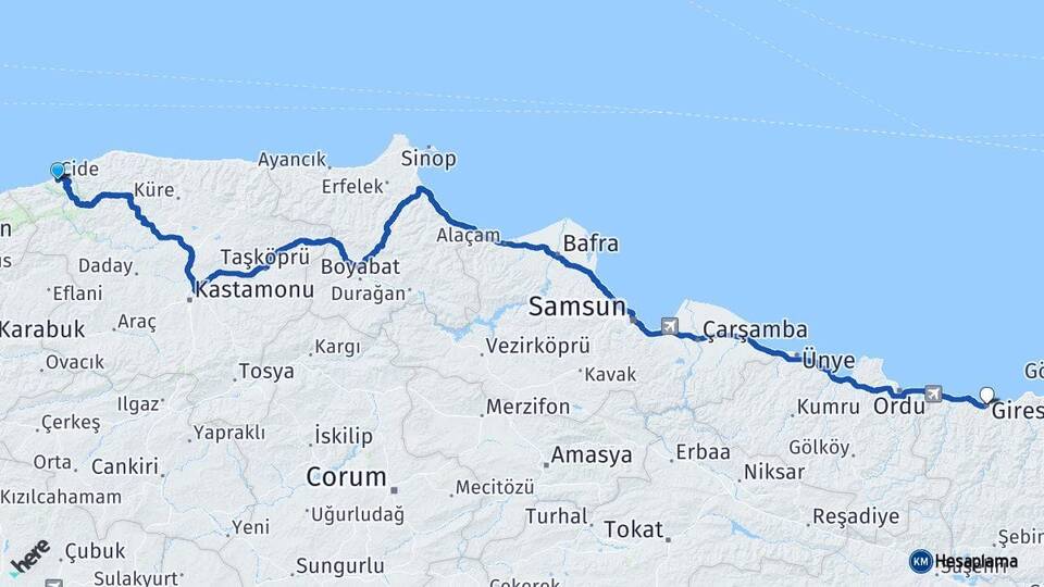 Kastamonu Cide Giresun Arası Kaç Km - Yol Haritası