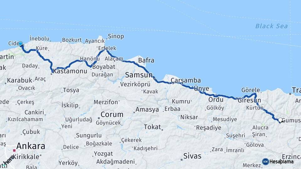 Kastamonu Cide Gümüşhane Arası Kaç Km - Yol Haritası