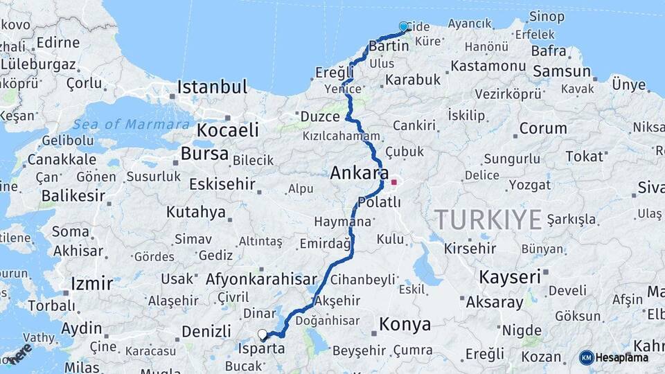Kastamonu Cide Isparta Arası Kaç Km - Yol Haritası