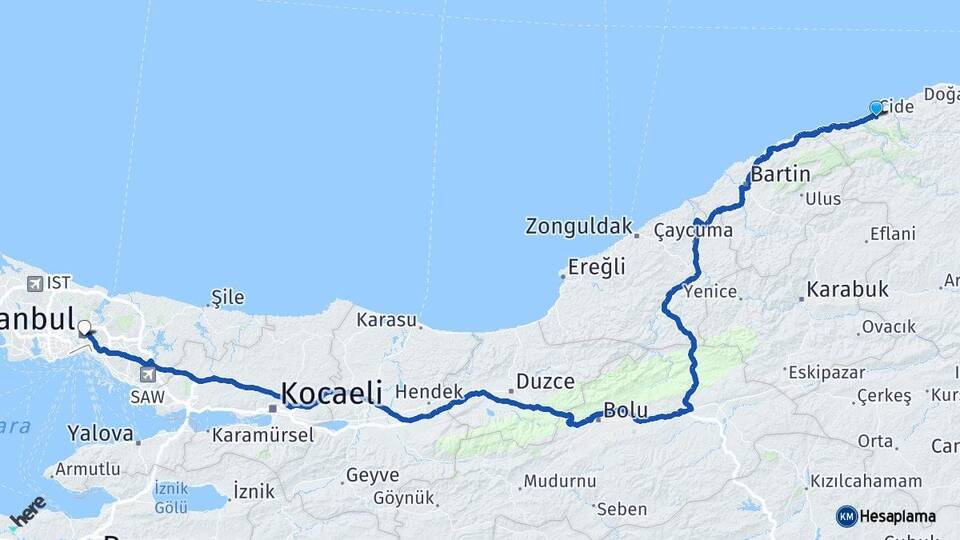 Kastamonu Cide İstanbul Arası Kaç Km - Yol Haritası