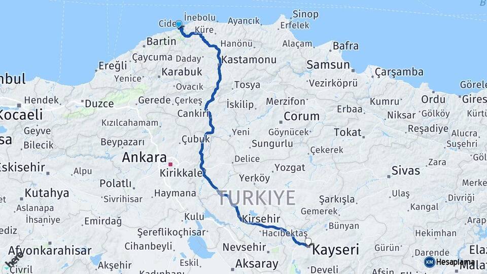 Kastamonu Cide Kayseri Arası Kaç Km - Yol Haritası
