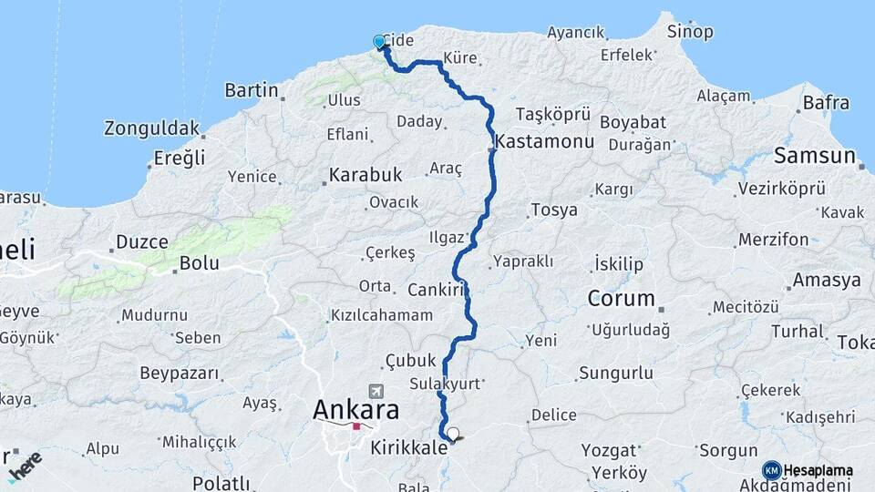 Kastamonu Cide Kırıkkale Arası Kaç Km - Yol Haritası