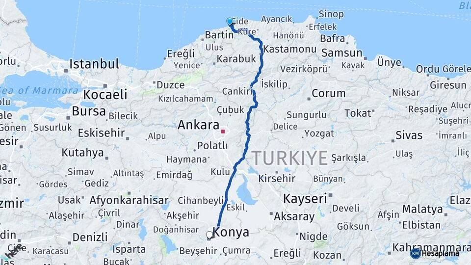 Kastamonu Cide Konya Arası Kaç Km - Yol Haritası