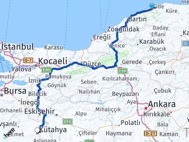 Kastamonu Cide Kütahya Arası Kaç Km - Yol Haritası