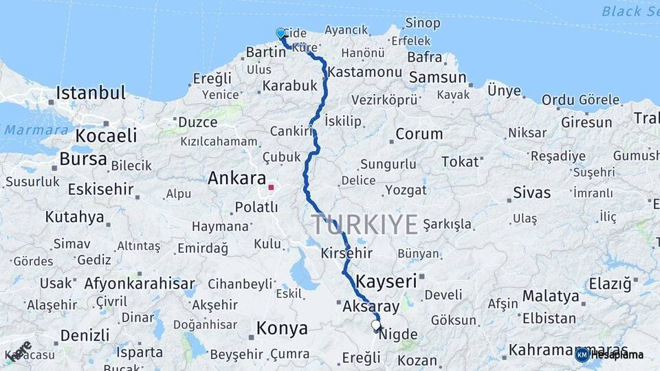 Kastamonu Cide Niğde Arası Kaç Km - Yol Haritası