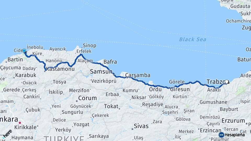 Kastamonu Cide Rize Arası Kaç Km - Yol Haritası