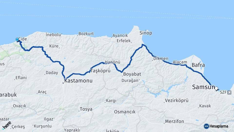 Kastamonu Cide Samsun Arası Kaç Km - Yol Haritası