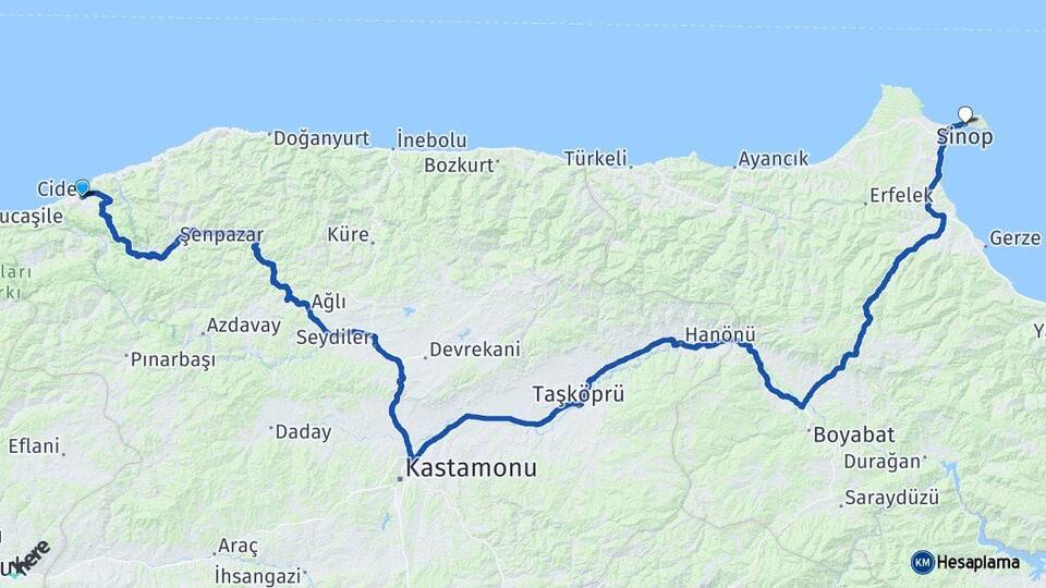 Kastamonu Cide Sinop Arası Kaç Km - Yol Haritası