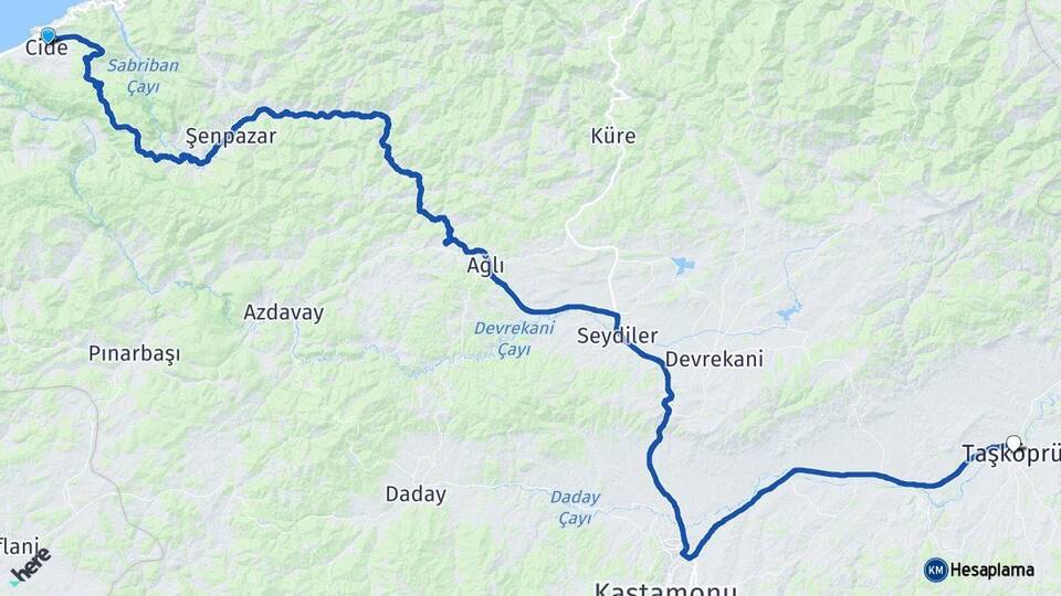 Kastamonu Cide Taşköprü Arası Kaç Km - Yol Haritası
