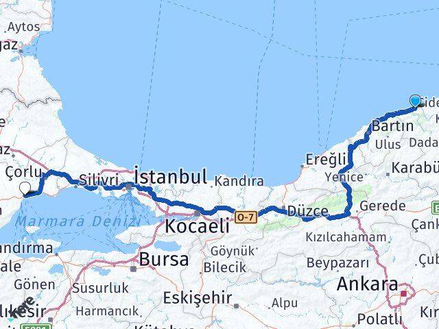 Kastamonu Cide Tekirdağ Arası Kaç Km - Yol Haritası
