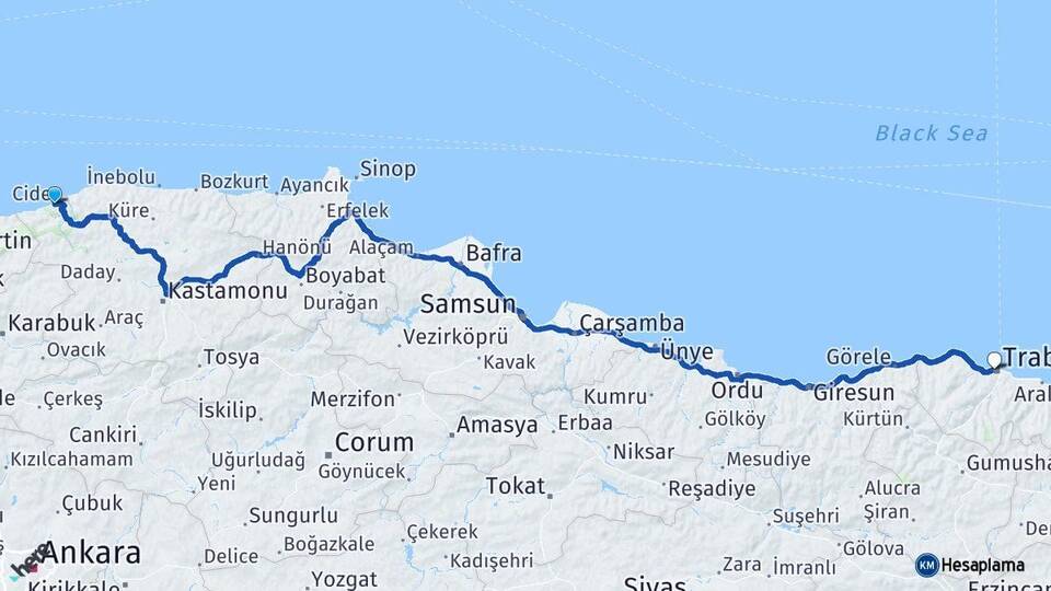 Kastamonu Cide Trabzon Arası Kaç Km - Yol Haritası