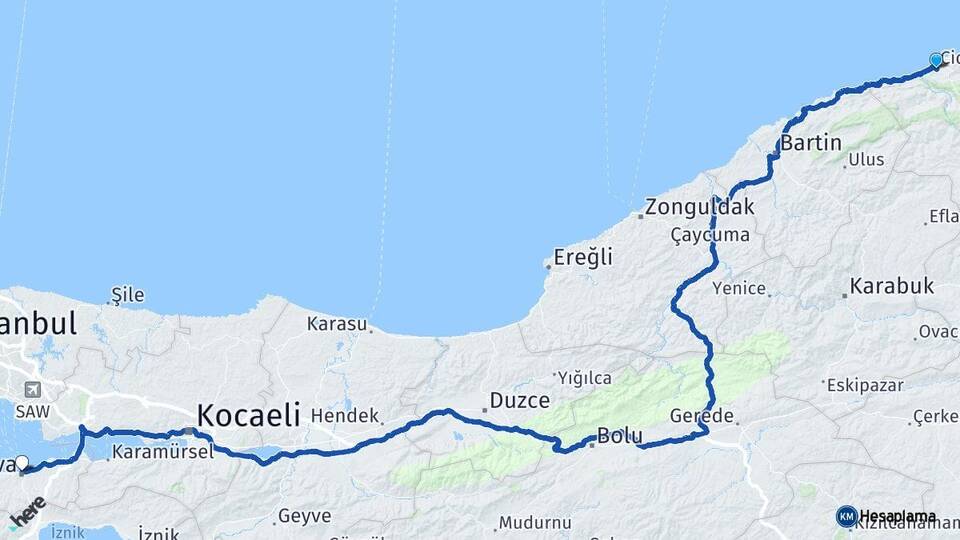 Kastamonu Cide Yalova Arası Kaç Km - Yol Haritası