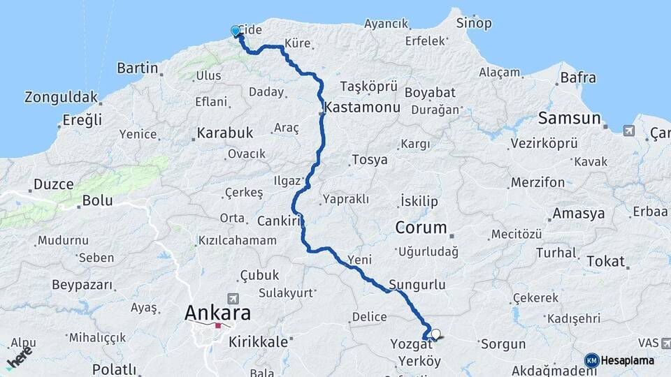 Kastamonu Cide Yozgat Arası Kaç Km - Yol Haritası