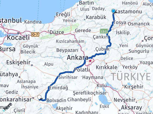 Kastamonu Çobanlar Afyonkarahisar Arası Kaç Km - Yol Haritası