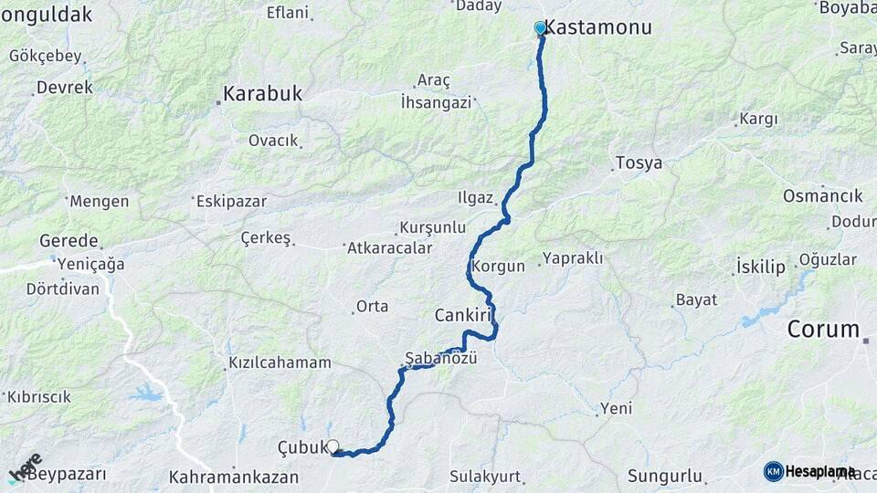 Kastamonu Çubuk Ankara Arası Kaç Km - Yol Haritası