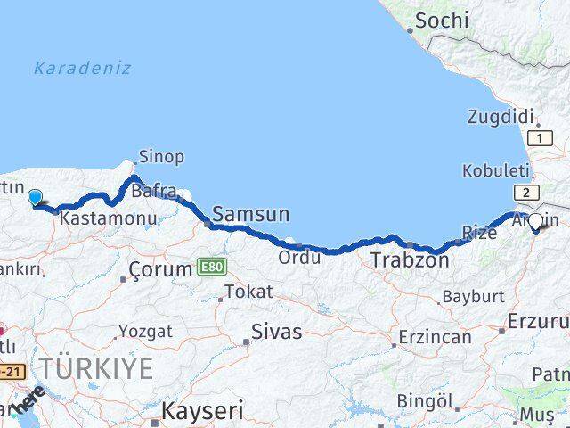 Kastamonu Daday Artvin Arası Kaç Km - Yol Haritası