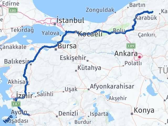 Kastamonu Daday Aydın Arası Kaç Km - Yol Haritası