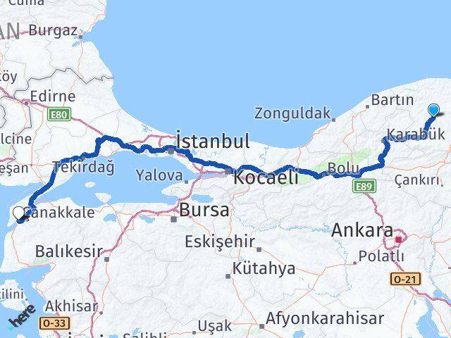 Kastamonu Daday Çanakkale Arası Kaç Km - Yol Haritası