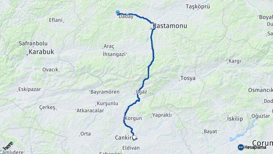 Kastamonu Daday Çankırı Arası Kaç Km - Yol Haritası